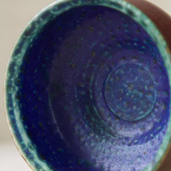Bright blue cobalt thick glaze on Arabia Finland studio pottery bowl, handmade by Anja Juurikkala, 1950's