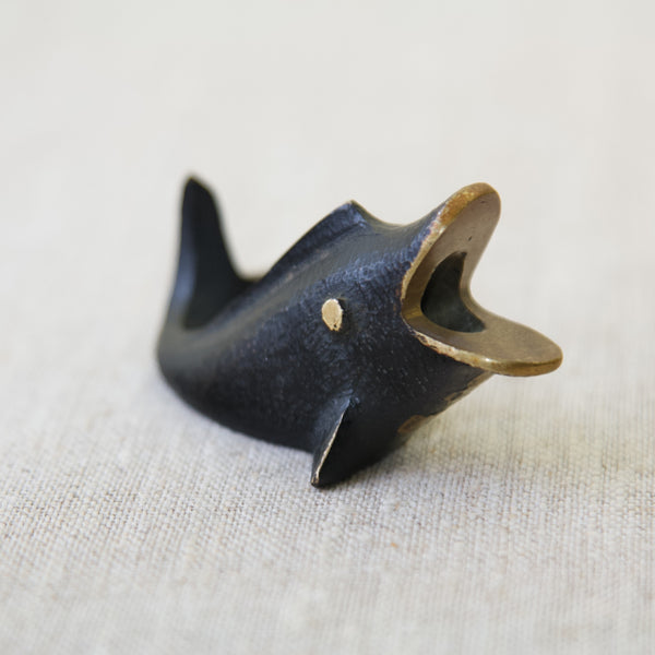 Close up of brass fish designed by Walter Bosse for Herta Baller Vienna