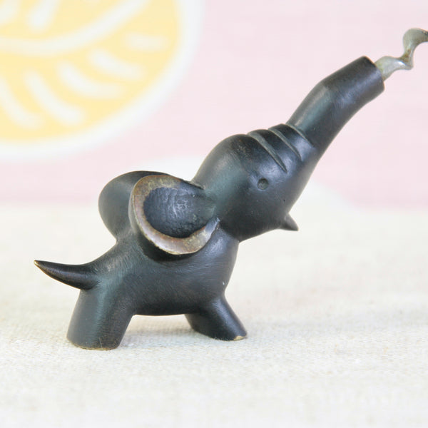 Sculptural brass baby elephant corkscrew by Walter Bosse for the Herta Baller workshop in Vienna.
Walter Bosse Modernist elephant corkscrew showing the compact body, oversized ears and characteristically playful raised trunk.