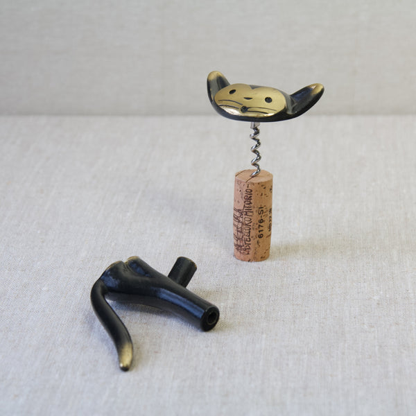 Mid Century Modern design by Walter Bosse, a cat corkscrew made from patinated brass, Germany