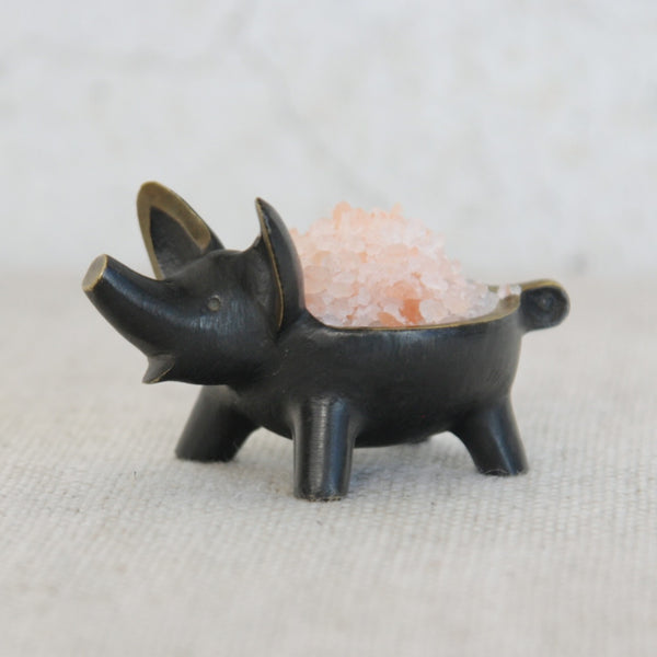 Collectible Walter Bosse pig bowl in black-patinated brass, crafted by Herta Baller, appealing to East Asian collectors of refined metalwork.