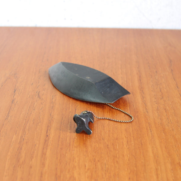 Austrian Modernist brass boat tray with dog by Walter Bosse, handmade in Herta Baller workshop, 1950s collectible. Photo shows the underside of the items which are both black due to the famous Viennese black patination process.