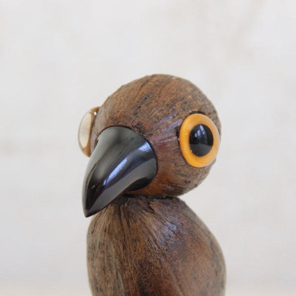 YZ nut bird Art Deco tray featuring phenolic Bakelite beak, glass eyes and finely carved mahogany base, circa 1925.
For sale in the UK.