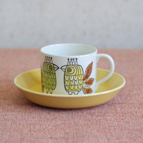 Top down close up of a rare vintage King pattern cup and saucer by Marianne Westman, Rörstrand, Sweden — a bright and collectible gem of 1960s Scandinavian design.