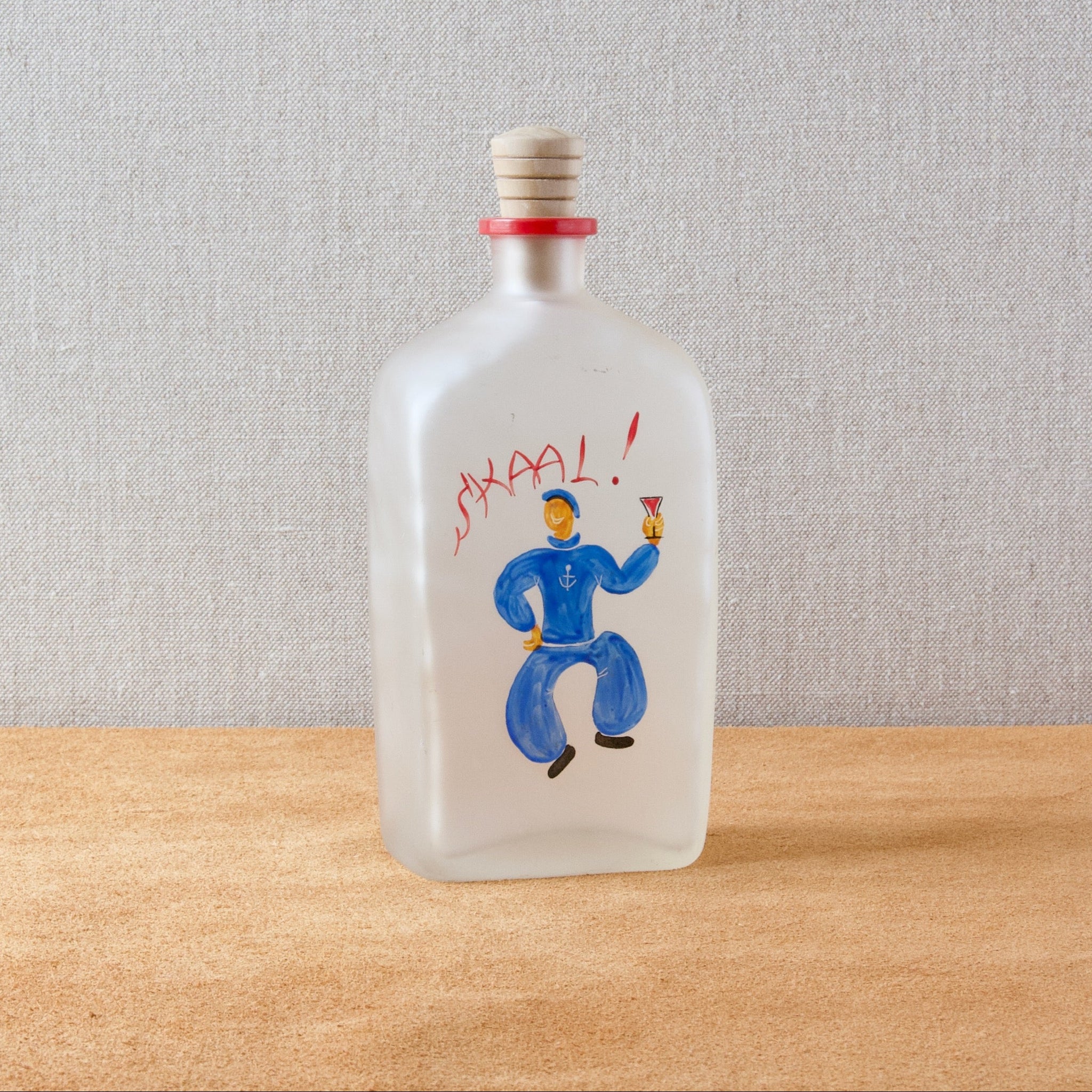1930s frosted glass Skaal decanter designed by Jacob Bang with enamelled painted drunken sailor and wooden stopper.