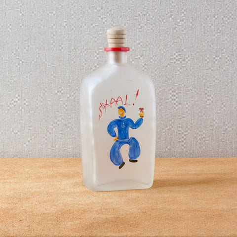1930s frosted glass Skaal decanter designed by Jacob Bang with enamelled painted drunken sailor and wooden stopper.
