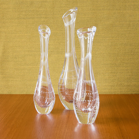 trio of mid century modern Swedish glass vases designed by Vicke Lindstrand for Kosta glassworks