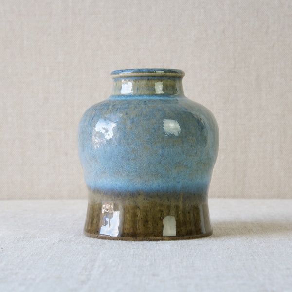 Unusual Carl-Harry Stålhane vase with glossy ombre sky blue glaze, produced by leading Scandinavian ceramics manufacturer Rörstrand