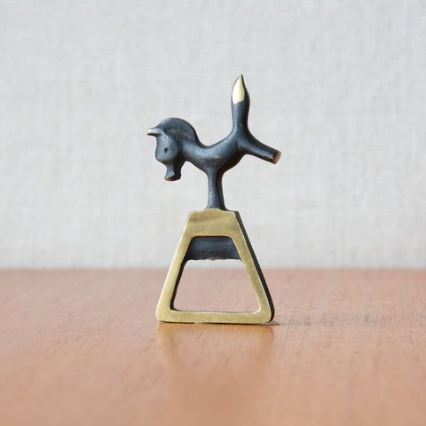 Collectable Walter Bosse black patinated brass bottle opener with a baby horse or foal, designed for Baller Austria in the 1950's, this item is available to buy in London from Art & Utility