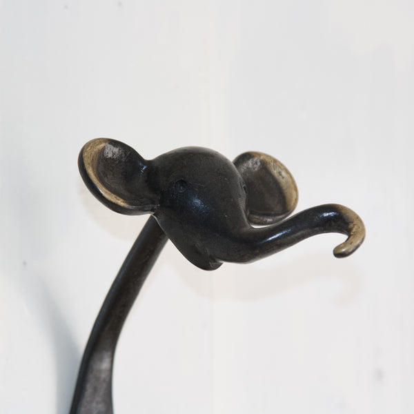 Detail of cast brass patinated elephant head on Walter Bosse vintage coat hook from the 1960s