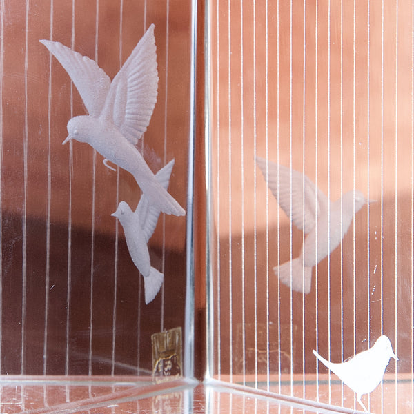 Engraved birds on birdcage prism designed by Vicke Lindstrand for Kosta, Sweden