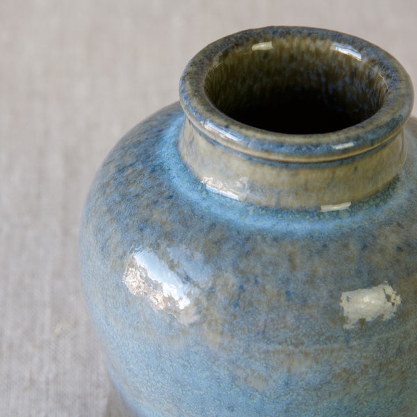 Detail of Carl Harry Stalhane STA vase with sky blue glossy glaze, produced by leading Scandinavian ceramics manufacturer Rörstrand