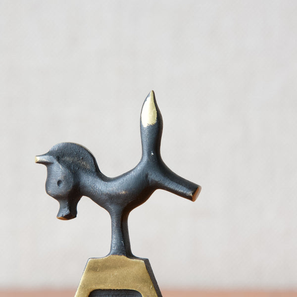 Detail of Walter Bosse patinated brass foal bottle opener with horse, produced by Herta Baller in the 1950's, Vienna