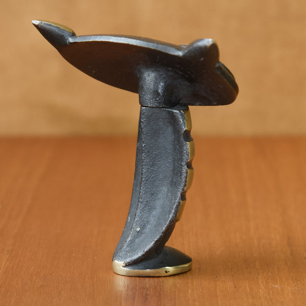 Close up showing the black patinated finish on the back of a Walter Bosse owl figurine that also doubles up as a corkscrew bottle opener. This large exquisitely executed design is a rare example of Walter Bosse's work.