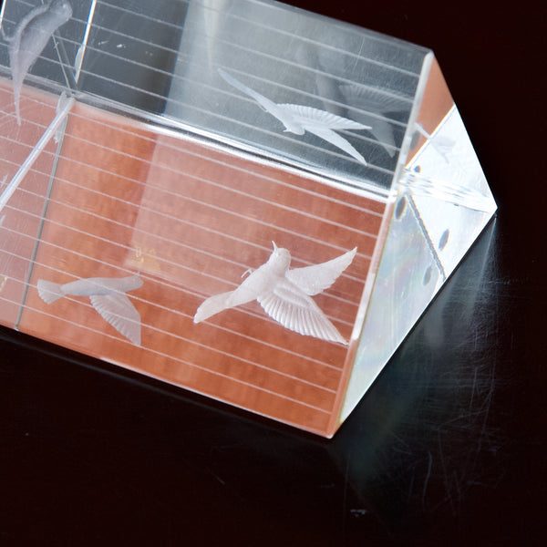 Engraved birds on glass prism by Vicke Lindstrand for Kosta Sweden 1960s