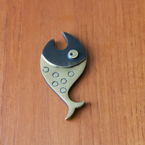 Walter Bosse modernist brass bottle opener in the form of a fish with spots 