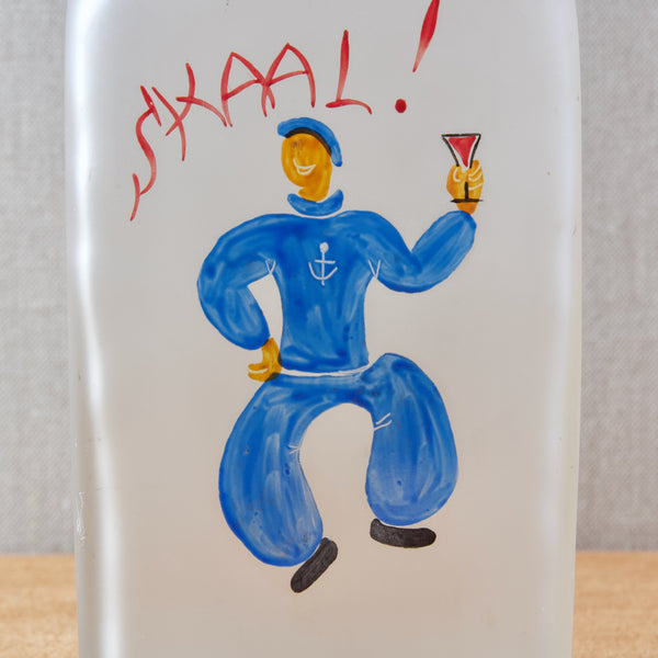 1930s Enamel painted sailor on frosted decanter by Jacob Bang for Holmegaard Denmark