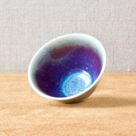 cobalt blue and purple nebula glaze on Rorstrand miniature bowl, designed 1960 by Carl Harry Stalhane