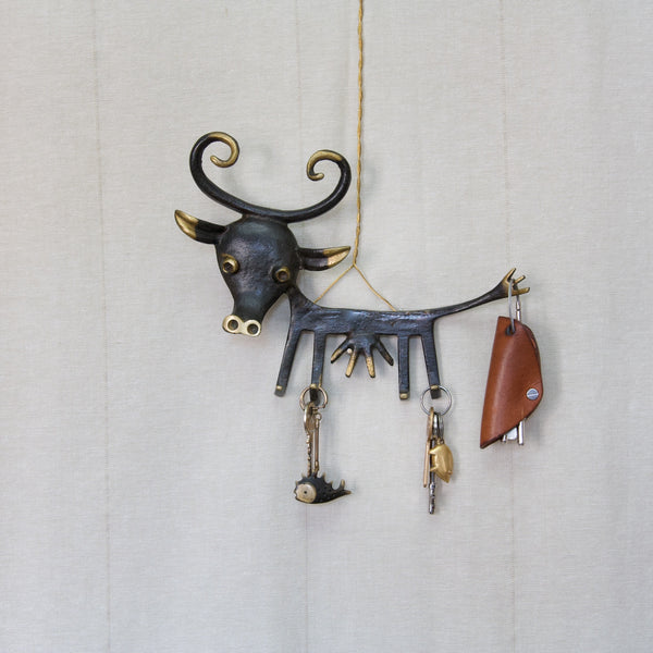 Large whimsical Walter Bosse brass cow key rack with keys and Carl Aubock pig keyring