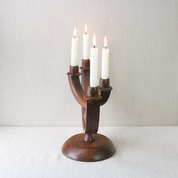 British folk art candelabra, made from oak wood and reminiscent of Omega workshop