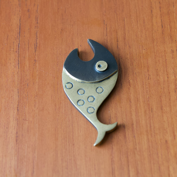 Mid-century Modern patinated brass fish bottle opener from the 1950's, made in Austria by Walter Bosse