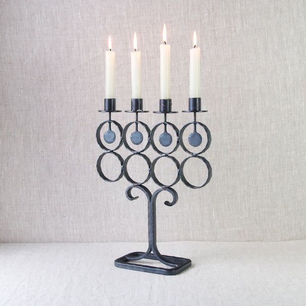 Large Bertil Vallien black forged iron candelabra 1960's with lit candles