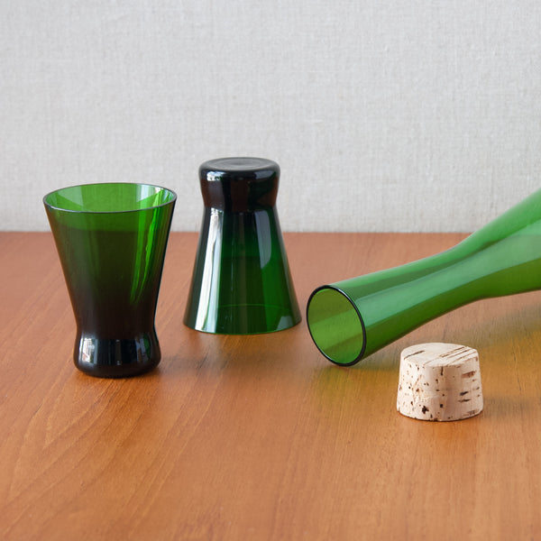 Detail of cork for Per Lutken Winston decanter in bright green glass, designed in Denmark in the mid century modern era