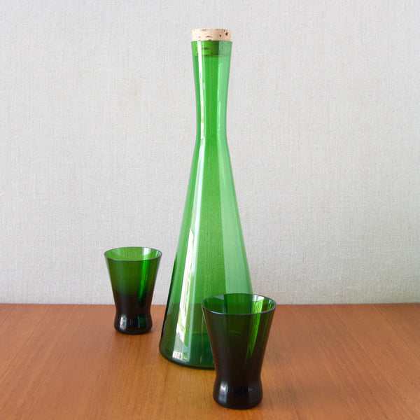 Green Holmegaard glass decanter, zdesigned by Per Lutken and inspired by laboratory glassware, 1956