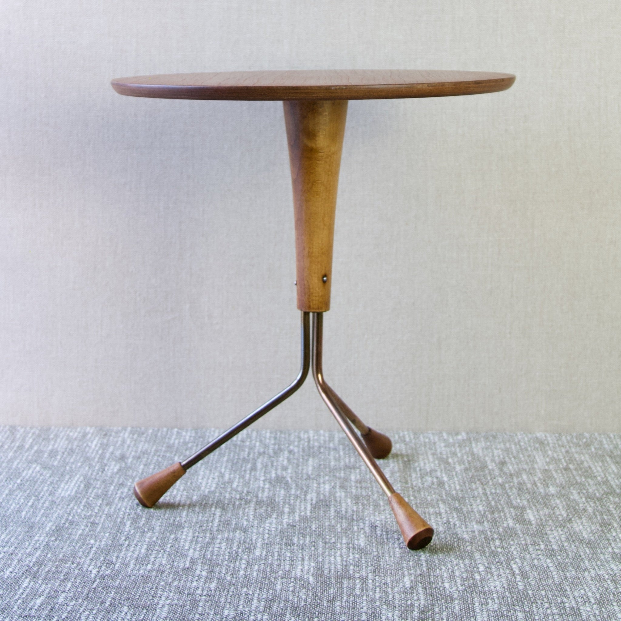 Head on image of an original Albert Larsson Tripod table. Amazingly chic and stylish vintage Scandinavian side table. Drinks table. For sale in UK from Mid-century design gallery Art and Utility.