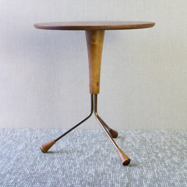 Head on image of an original Albert Larsson Tripod table. Amazingly chic and stylish vintage Scandinavian side table. Drinks table. For sale in UK from Mid-century design gallery Art and Utility.