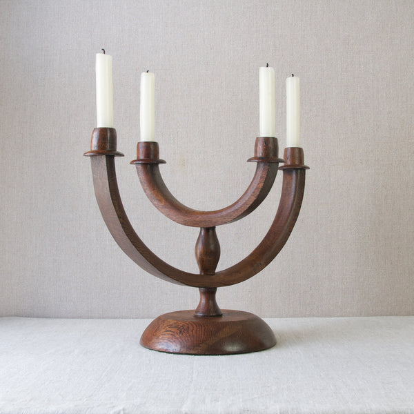 Folk art 1920s British oak articulated candelabra with dramatic four arms 