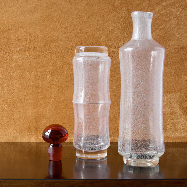 Rare Finnish Modernist Glass by Tamara Aladin decanter and two glasses, 1960s.
