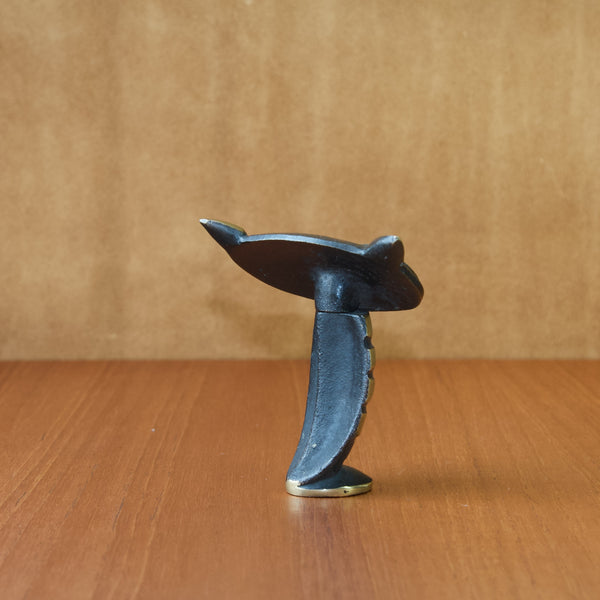 Image of the back or reverse of a large freestanding owl shaped corkscrew. This rare and collectable design is by Walter Bosse who's work is always available to see and buy on www.artandutility.co.uk
