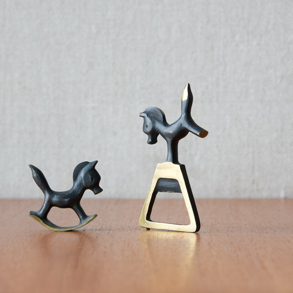 Pair of Walter Bosse foal or horse designs from the 1950s including a rocking horse miniature figurine and a horse bottle opener produced at Herta Baller workshop, Vienna, Austria